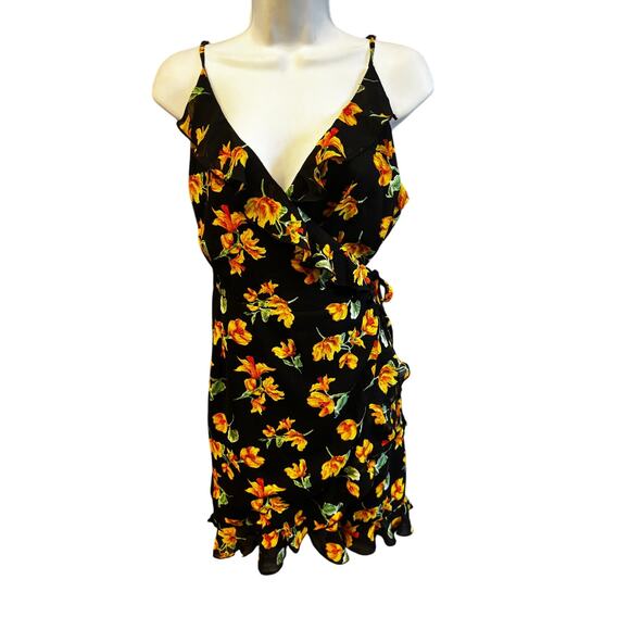 Topshop NWOT Floral Wrap Strappy Mini Dress in Black Multi Size 12 Ruffled Boho - Picture 1 of 5